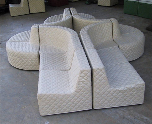 Totally green sofas –100% wood free– eco-friendly, upholstered modular freeform seating systems. Low energy inputs mfg. Rapid mfg. Cartonable, Despatch –100% scalable